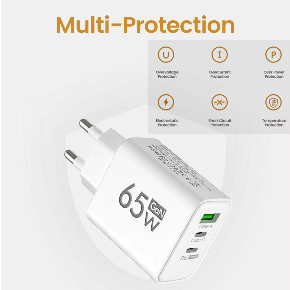 65W Gan USB Charger Fast Charging Quick Charger3.0 Travel Charger for Iphone 15 Samsung Xiaomi Mobile Phone Adapter EU US Plug