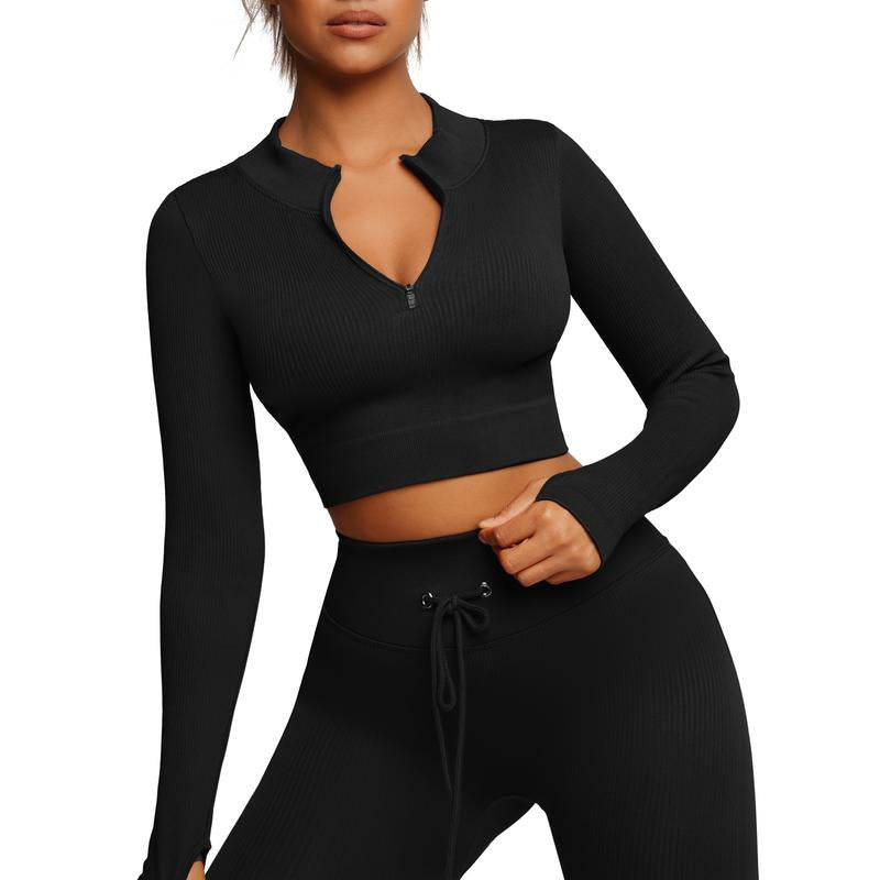 Feelingirl Seamless Long Sleeve Sportswear Set Workout Set Crop Top Leggings