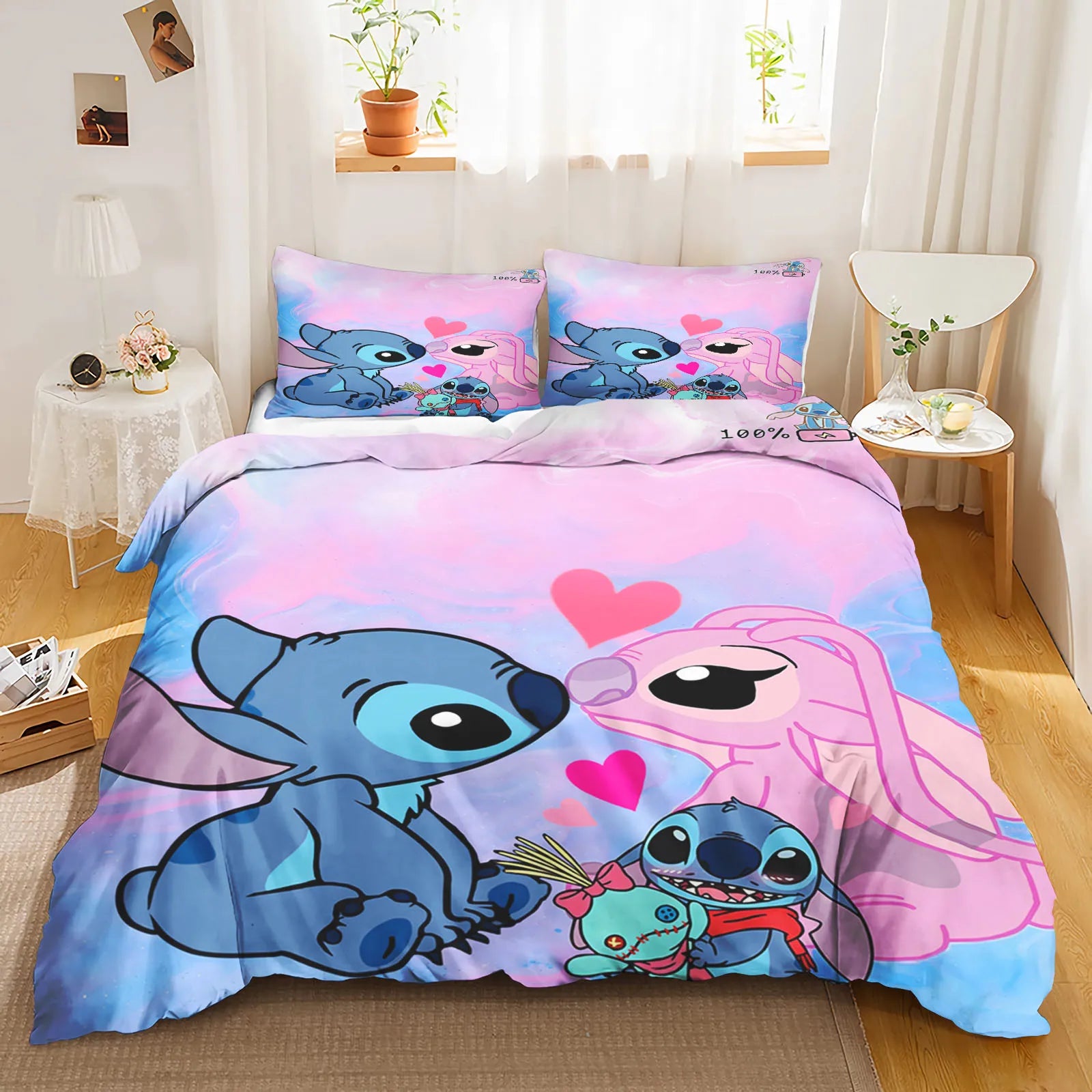 3Pcs Lilo and Stitch 100% Polyester Bedding Set,Stitch Duvet Cover Set without Filling, for Children Boys and Girs