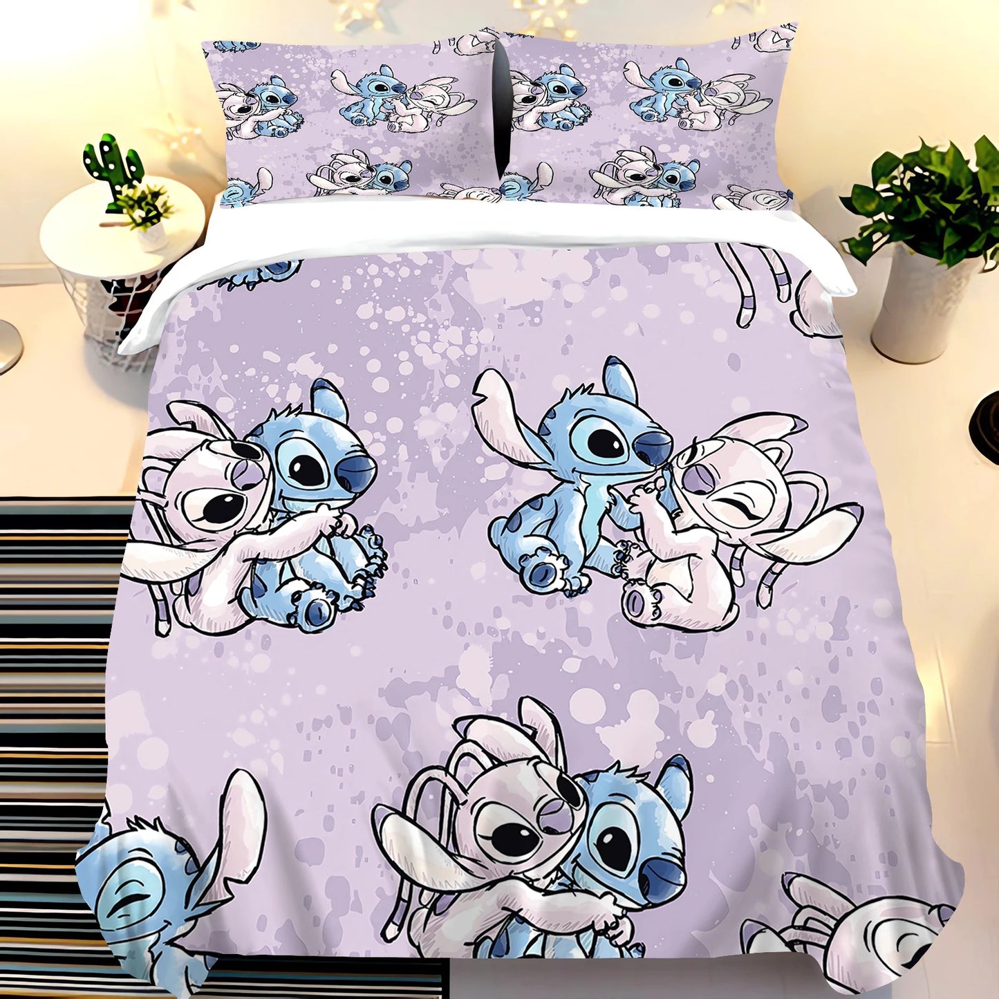 3Pcs Lilo and Stitch 100% Polyester Bedding Set,Stitch Duvet Cover Set without Filling, for Children Boys and Girs