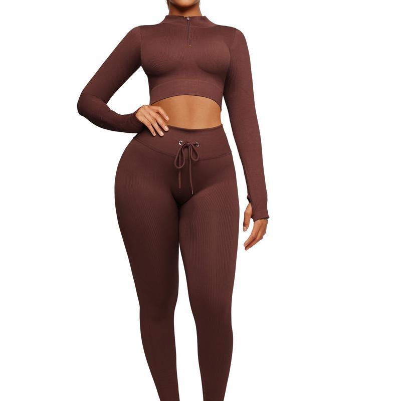 Feelingirl Seamless Long Sleeve Sportswear Set Workout Set Crop Top Leggings