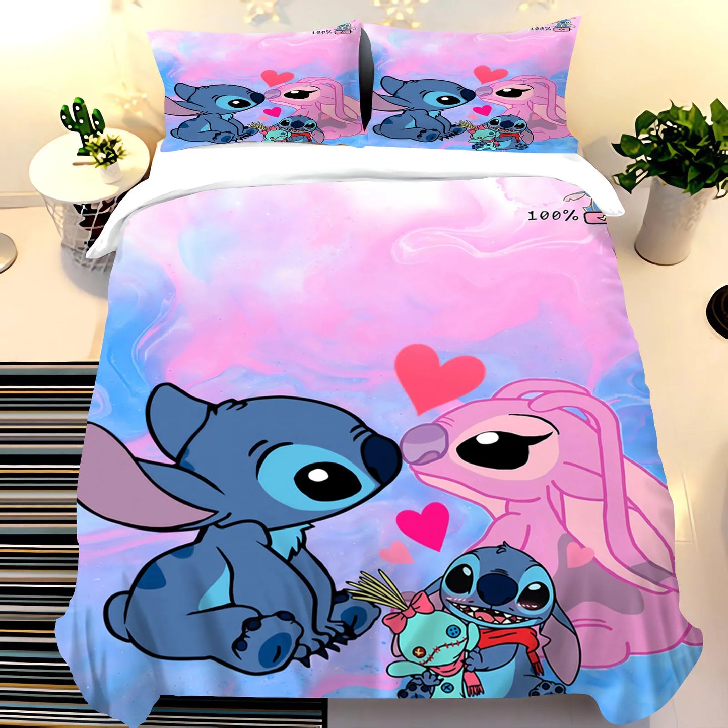 3Pcs Lilo and Stitch 100% Polyester Bedding Set,Stitch Duvet Cover Set without Filling, for Children Boys and Girs