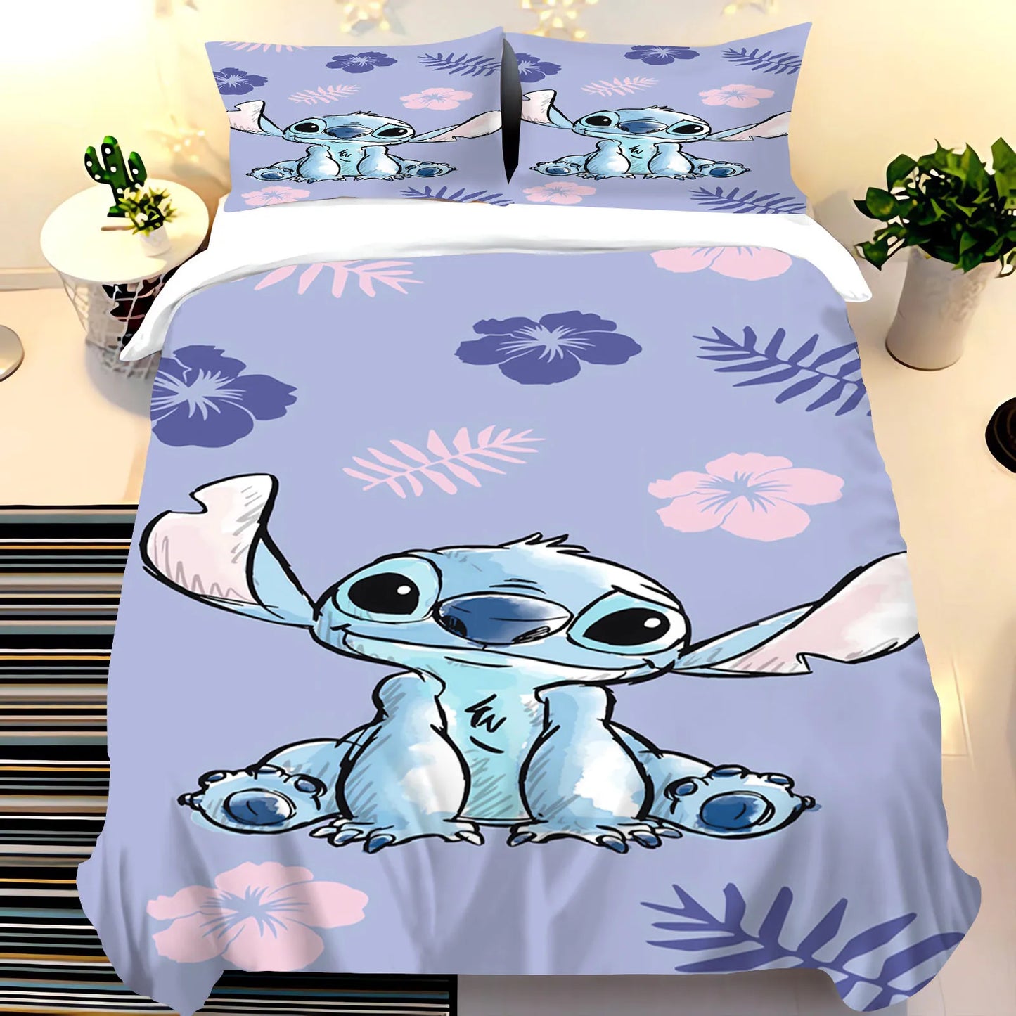 3Pcs Lilo and Stitch 100% Polyester Bedding Set,Stitch Duvet Cover Set without Filling, for Children Boys and Girs
